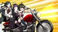 Riding motorcycle.png (2.31 MB) Komaru, Toko, and Haiji riding a motorcycle to Towa Group's secret factory.