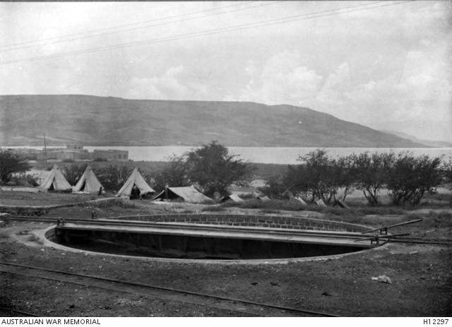 A railway turntable close to the station with the Lake in the background - SLake Tiberias תחנת סיבוב קטרים בתחנת צמח - 1918