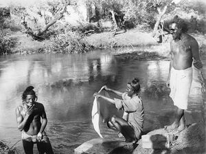 He Advance through Palestine and the Battle of MegiddThree Indian soldiers bathing in the river Auja.