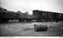 רכבת טורקית נטושה בתחנת הרכבת בירושלים - Turkish railway train which had been loaded in Jerusalem Station, however due to the rapid advance of Australian troops, the train was abandoned by the Turks.