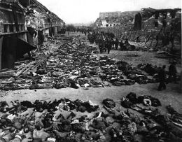 Rows of bodies of dead inmates fill the yard of Lager Nordhausen, a Gestapo concentration camp