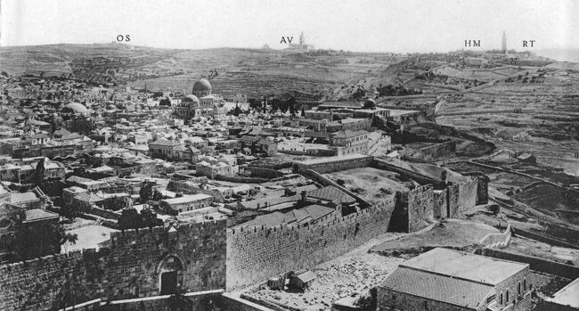 SEVEN OF EIGHT PHOTOS OF A PANORAMIC VIEW OF JERUSALEM IN THE BEGINNING OF THE 20TH CETURY. IN PHOTO, NORTHEASTERN JERUSALEM