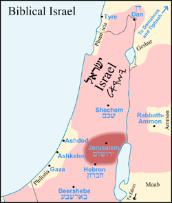 ארץ הפלשתים מסומנת בצהוב, למטה משמאל