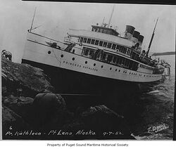 Princess Kathleen, a passenger steamer, wrecked and aground at Point Lena, Alaska, 1952