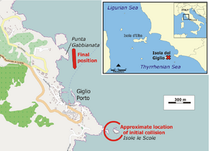 Location of Costa Concordia cruise-ship disaster (13-1-2012)