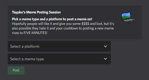 Dank Memer (Discord Bot) on X: SMALL UPDATE INCOMING!!! also admin thanks  you for memes on the previous post xo  / X
