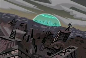 Amity Park al principio de "El peor de los enemigos". La ciudad está totalmente destruida, a exepción de una pequeña parte protegida por un escudo antifantasma, poco después la ciudad es arrasada. (Ataques de Danny Oscuro).