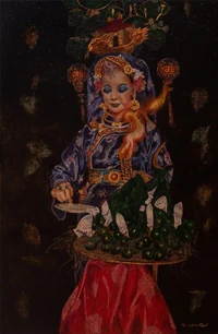 Tranh hầu giá Chầu Lục, chứng mâm giầu trình.Hoạ sĩ: Trần Tuấn Long.