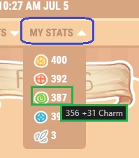 The "My Stats" menu on the Dappervolk toolbar, expanded to show the sum of a player's Tenacity, Honour, Charm, Comprehension, and Luck stats.