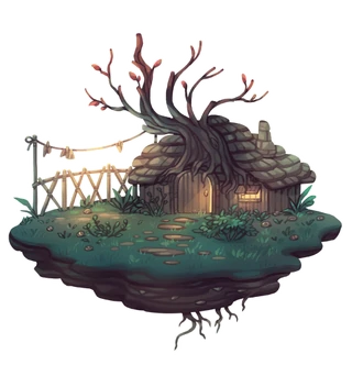 The map of The Spiralwood in Dappervolk. It consists of a cozy wooden cabin with the roof of a pinecone, settled in a verdant clearing with faerie lights and bare trees.
