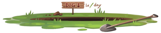 A big hole surrounded by green grass and a shovel. It has a small wooden sign that reads "Dig (Once per day)."
