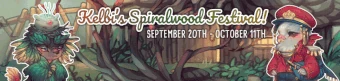 Banner for Kelbi's Spiralwood Festival, featuring Lula, Carneau, and The Spiralwood.