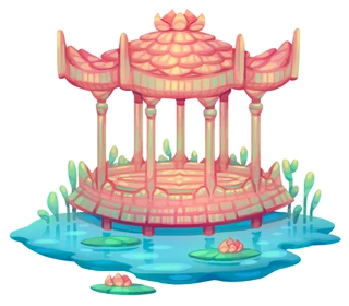 The map of The Lotus Pavilion in Dappervolk. It consists of a pink and blue gazebo surrounded by water.