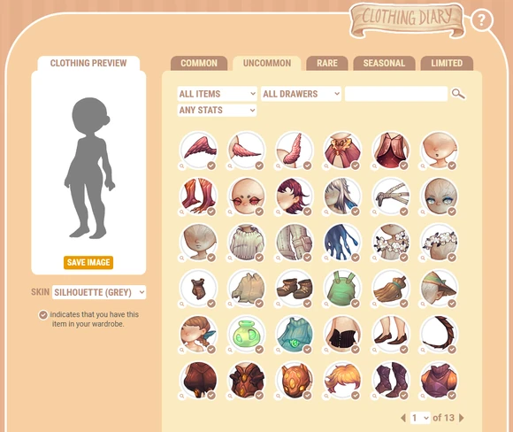 The Dappervolk Clothing Diary with no clothes selected, showing a blank avatar.