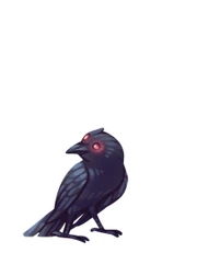Image of a black crow with red eyes.