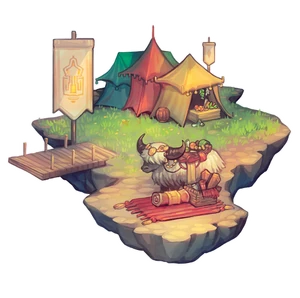 The scenery of Peddler's Port, filled with tents, a dock, and a traveling yak.