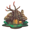 The map icon for The Spiralwood, which consists of a brown forest cottage with tree branches above the doorframe.