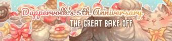 Banner for the fifth Anniversary Festivities, featuring a fluffy smug cat surrounded by many sweet pastries.
