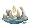 The map icon for Soll's Ruins, which consists of grey moon-shaped ruins with a teardrop light hanging above them.