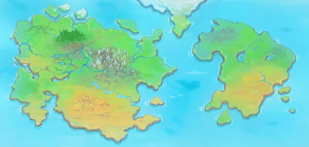 The world map of Dappervolk, which consists of two main continents and what is maybe the bottom of another continent at the top of the map.