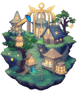 The map of Aviar Cove in Dappervolk. It consists of many well-lit seaside houses amidst lush green grass and trees festooned with gently-glowing lightbulbs.