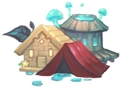 Three's Forest icon from the Dappervolk world map. A tent, a tower, and a log cabin clustered together.