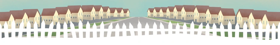 Suburbanvolk Event Site Header, which is a long row of white houses and picket fences.