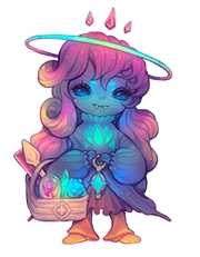 Image of the NPC Andromeda, who has blue skin and pink hair as well as dark blue eyes. She has a blue halo around her head and tiny fangs.