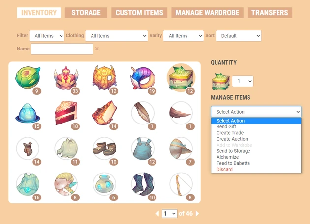 A screenshot of the inventory with an item selected. Selecting an item opens a context menu that allows you to trade, gift, feed, alchemize, send to storage, and more.