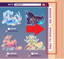 A menagerie pen with the tabs for 'Manage Pen' and 'Manage All Pens' called out.