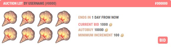 Auction Lot. Example shown: 8 Red Shortbread Conecakes. Current bid is 1,000 potatoes. Autobuy for 10,000 potatoes. Minimum increment is 100 potatoes.