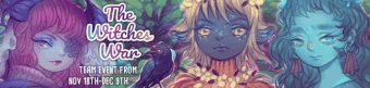 Banner for The Witches' War, featuring Glume, Mycel, and Barclay.