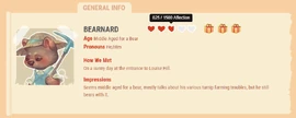 Example of the NPC Diary Entry for Bearnard, showing 825 affection out of 1000.