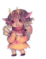 Image of the NPC Moira, who has brown skin and eyes. Her skin has dark spots on it and she also hais a pair of deer horns and ears.