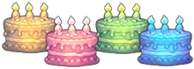 Stack of colourful birthday cakes corresponding to Dappervolk's main stats.