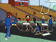 Chatting with Rob before track-and-field tryouts.