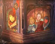 Depiction of Gerda, Gwyn and Kai in stain glass, The Thief and the Tinderbox