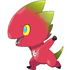 Pokemon style cute dragon, green and red color scheme, sky in the background