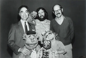 David Lazer with Jim Henson, Frank Oz, and the Muppets during filming of The Great Muppet Caper.