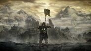 Promotional screenshot depicting the Ashen One raising the Small Lothric Banner.