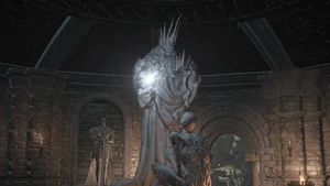 Statue of Gwyn and a Pygmy in Dark Souls III.