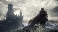 Promotional screenshot depicting Firelink Shrine as seen from the Cemetery of Ash.