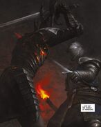The chosen undead killing Silver Knight Arkon in Dark Souls: The Age of Fire.