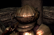 A portion of Siegmeyer's face, visible through his helmet's eye slit