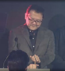 Miyazaki winning the 2018 Golden Joystick Lifetime Achievement Award (rocking the miracle ring)