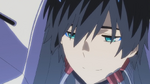 Hiro smiling with fully grown horns and blue eyeliner