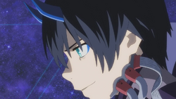 Draw the character hiro from the anime darling in the franxx, with his blue  horns and blue eyes