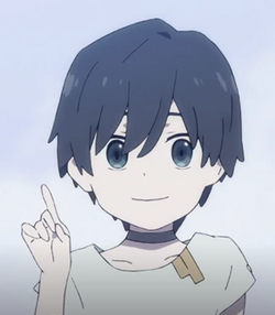 Draw the character hiro from the anime darling in the franxx, with his blue  horns and blue eyes