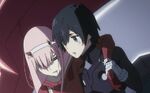 Hiro helping an injured Zero Two after defeating the Gutenberg-class Klaxosaour.