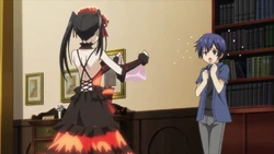 Kurumi teasing Shido inside Miku's house.